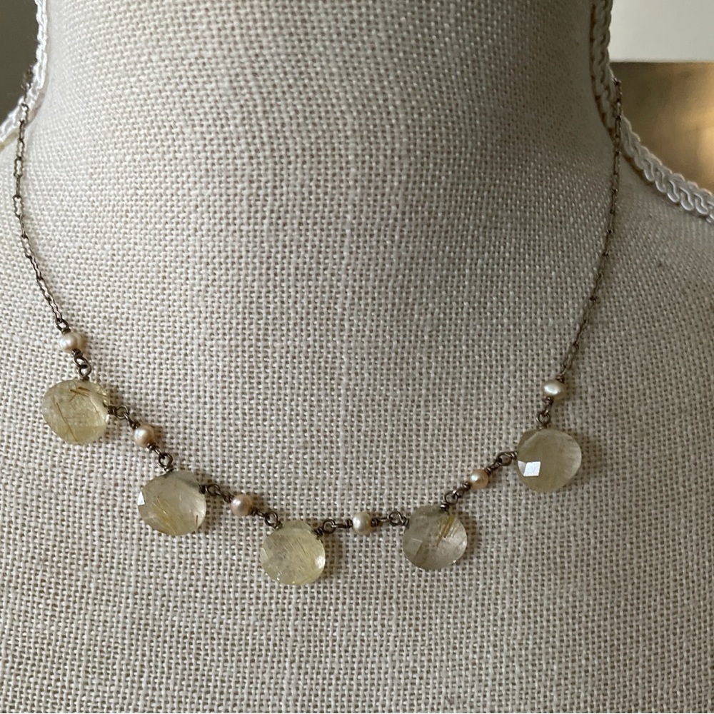 Pale Citrine Drop Sterling Silver Necklace With Pearls